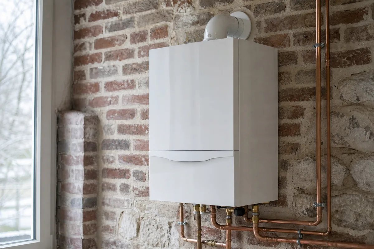 Chaudière gaz à condensation murale récemment installée dans une maison ancienne normande