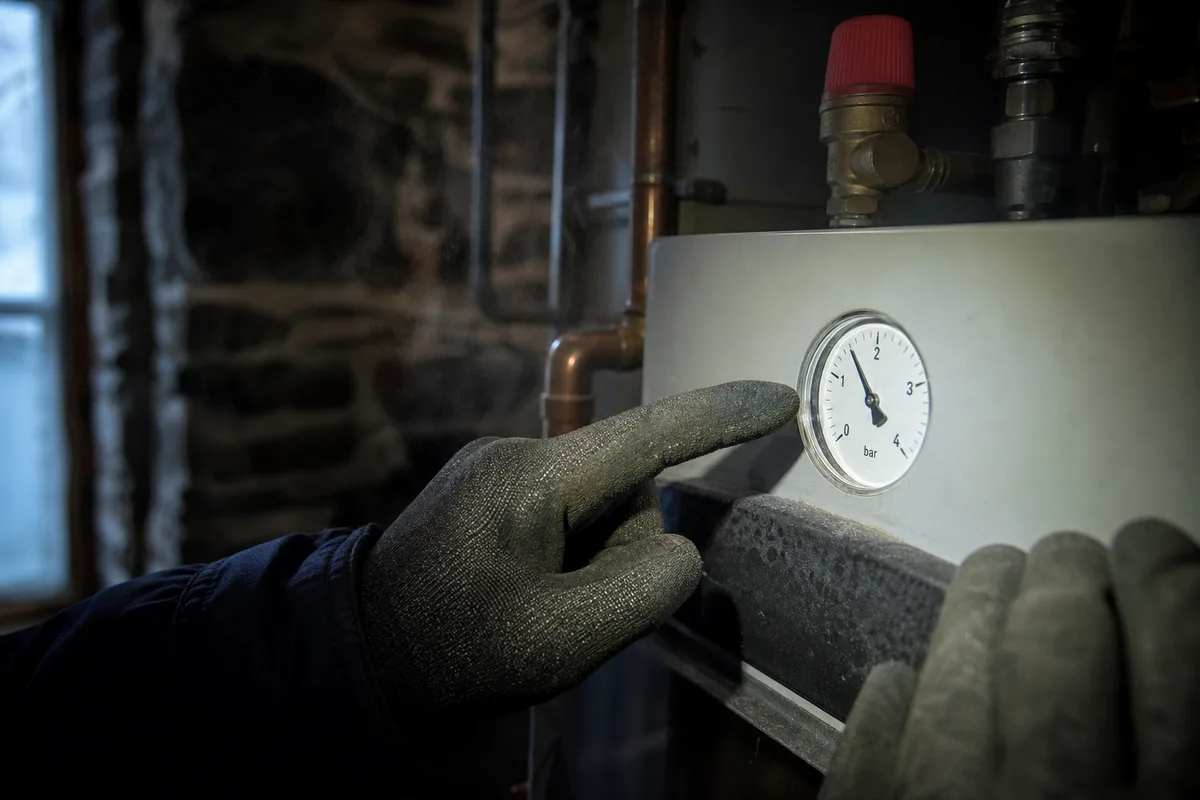 Mains d’un chauffagiste contrôlant le manomètre de pression d’une chaudière en hiver
