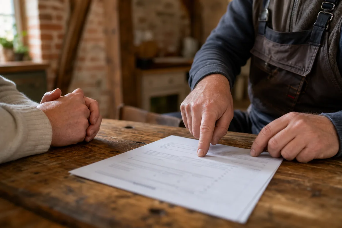 Artisan plombier détaillant un devis papier avec un client dans une cuisine normande