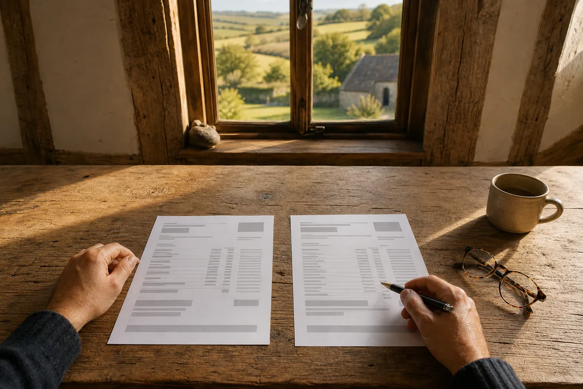 Mains d’un client comparant deux devis de chauffage posés sur une table en bois