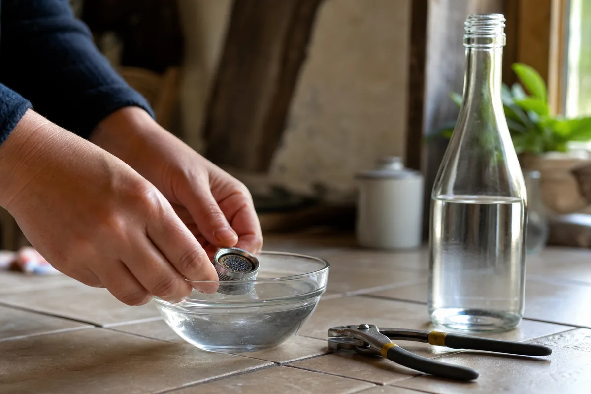 Détartrage d&rsquo;un mousseur de robinet au vinaigre blanc dans une cuisine normande