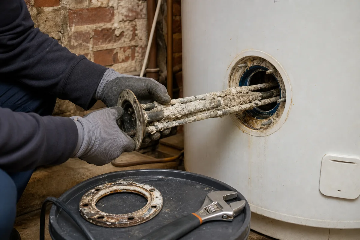Plombier détartrant la résistance d&rsquo;un chauffe-eau électrique dans une buanderie