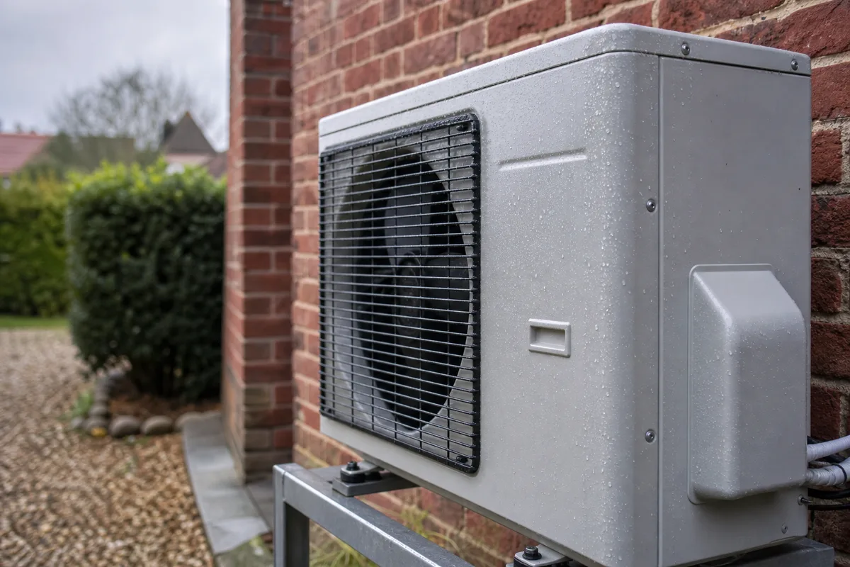 Pompe à chaleur air-eau installée contre le pignon en brique d&rsquo;une maison normande