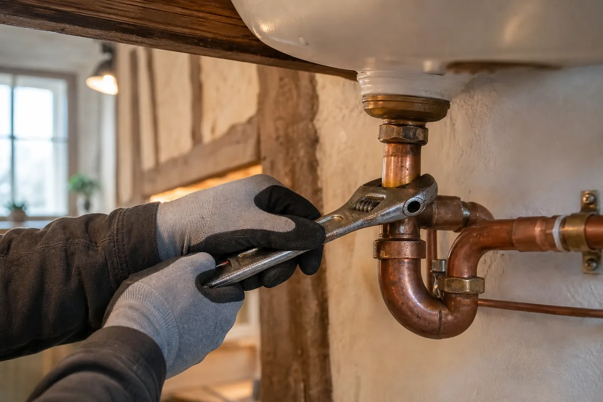 Plombier resserrant un raccord en cuivre sous un évier dans une maison ancienne