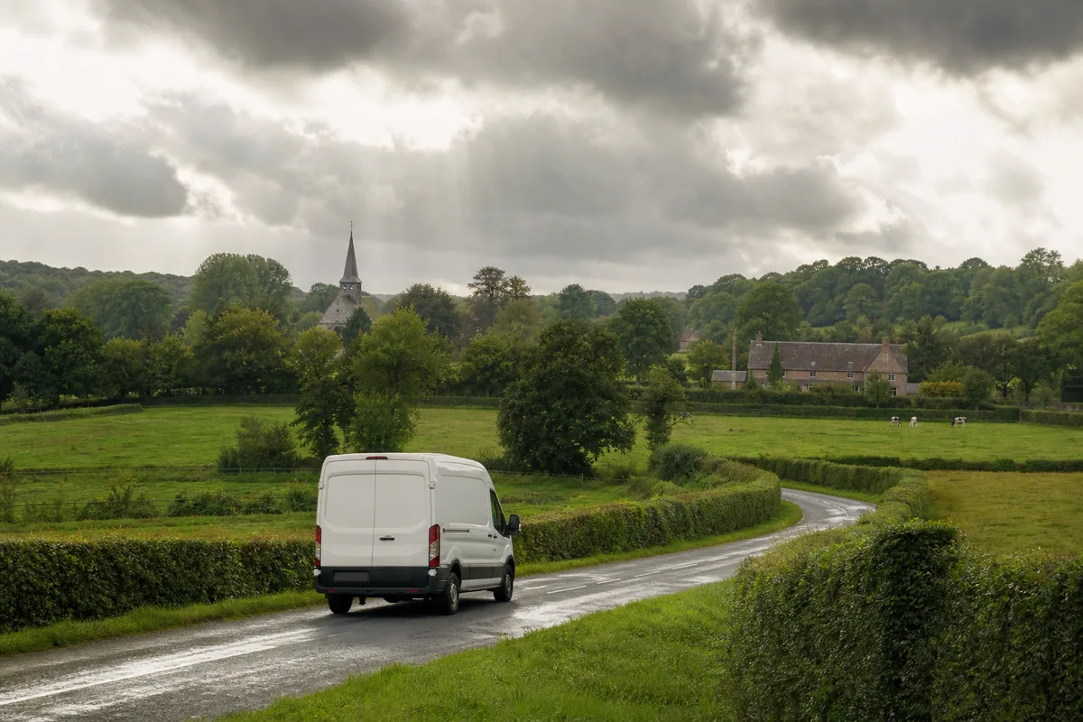 Camionnette d’artisan traversant la campagne bocagère normande entre deux interventions