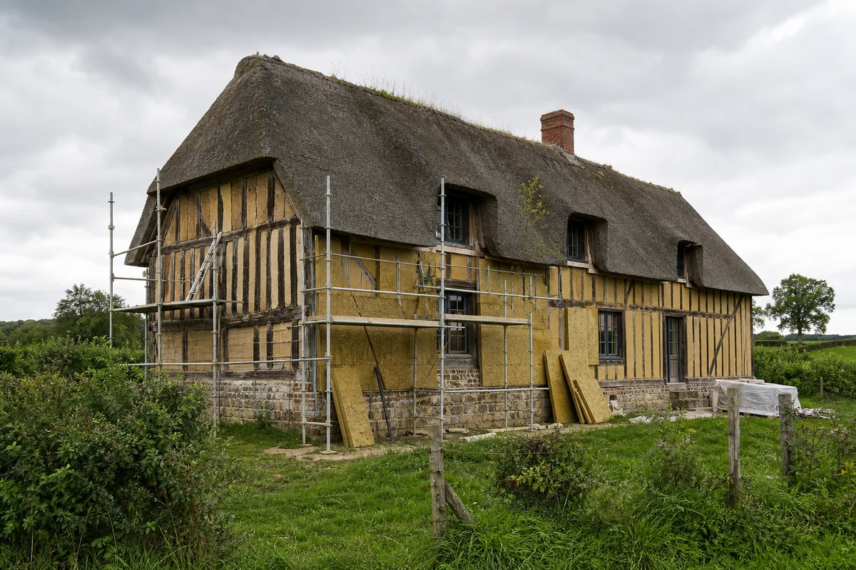 Longère normande à colombages en cours de rénovation énergétique dans la campagne de la vallée de la Risle