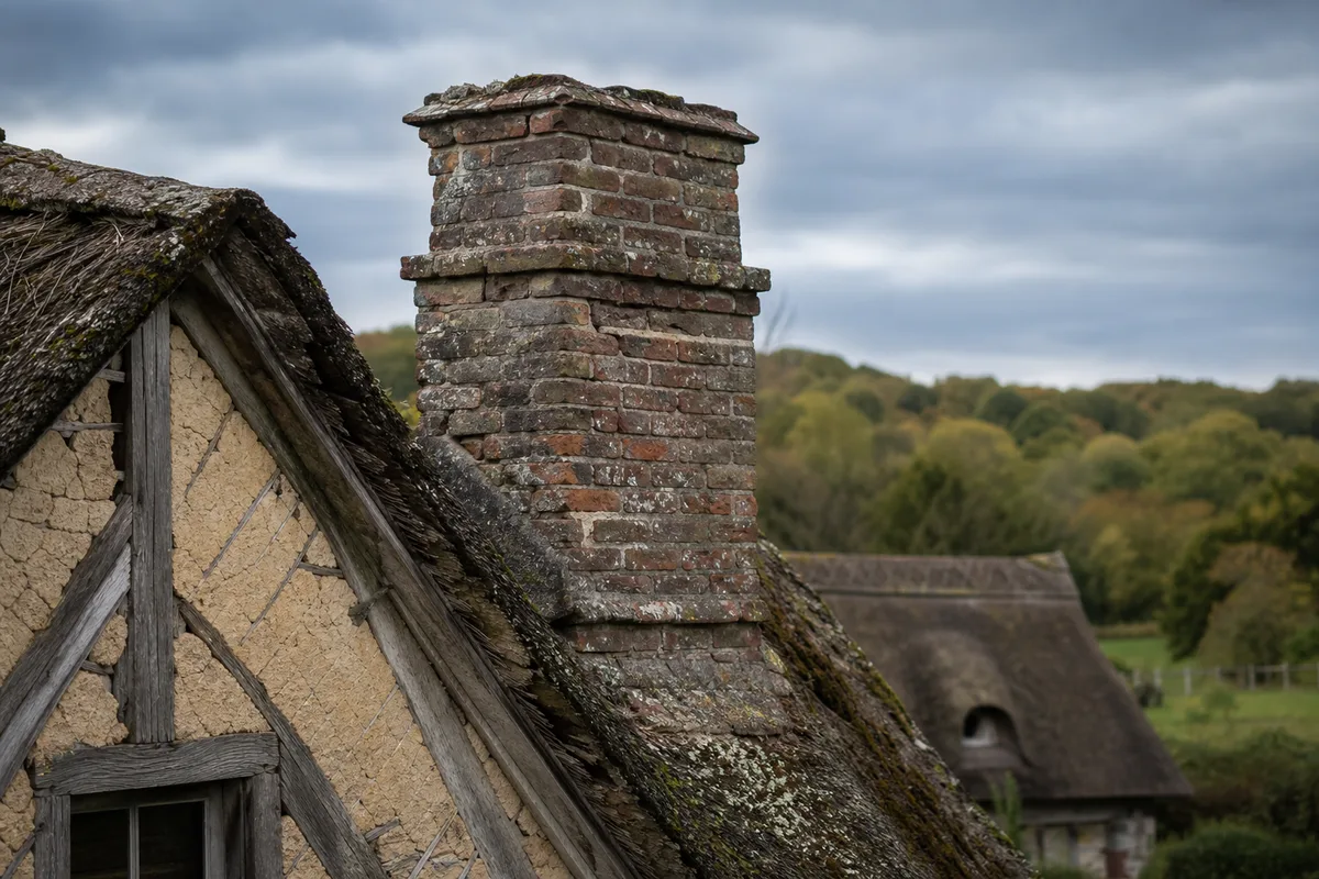 Souche de cheminée en briques sur le toit d&rsquo;une longère normande à colombages