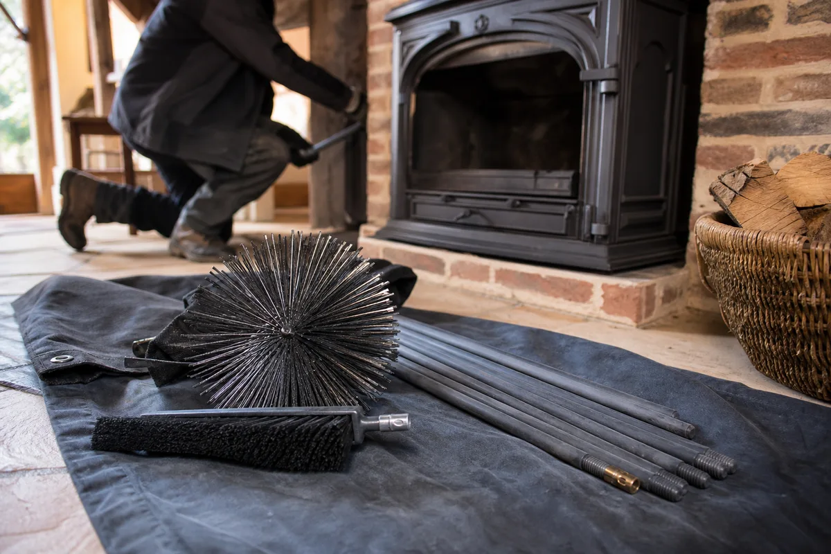Hérisson de ramonage et brosses posés devant un insert dans un intérieur normand