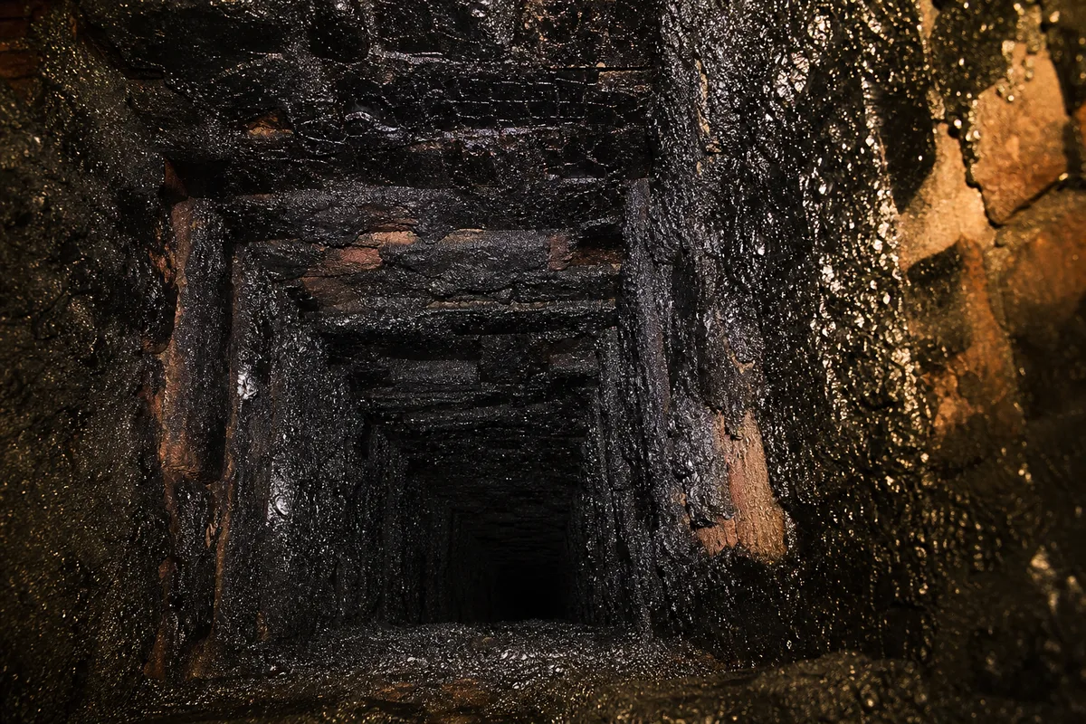 Dépôt de bistre visible dans un conduit de cheminée en brique avant débistrage