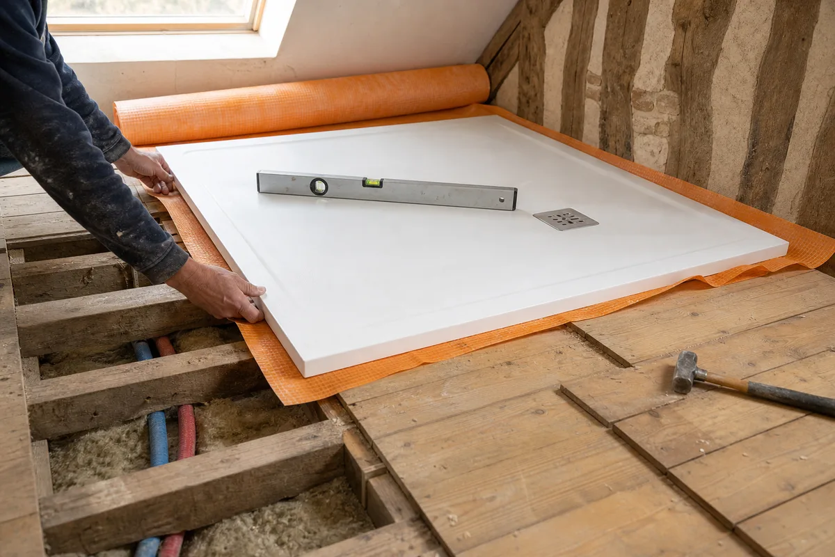 Receveur de douche extra-plat posé sur plancher bois renforcé à l’étage d’une maison ancienne