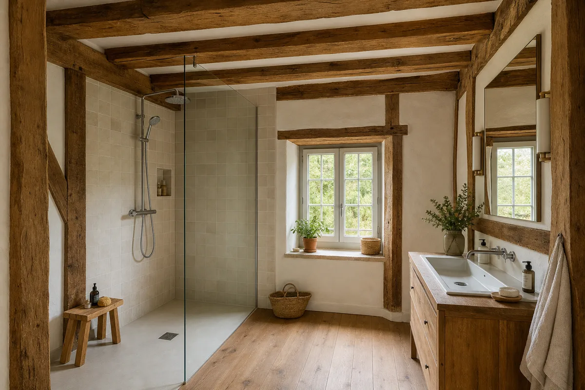 Salle de bain dans une maison à colombages en Normandie