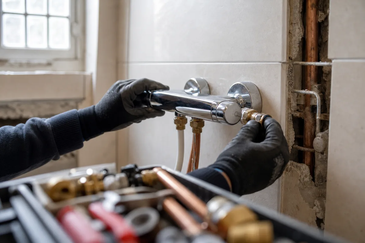 Plombier-chauffagiste raccordant la robinetterie d’une salle de bain en cours de rénovation dans une maison normande