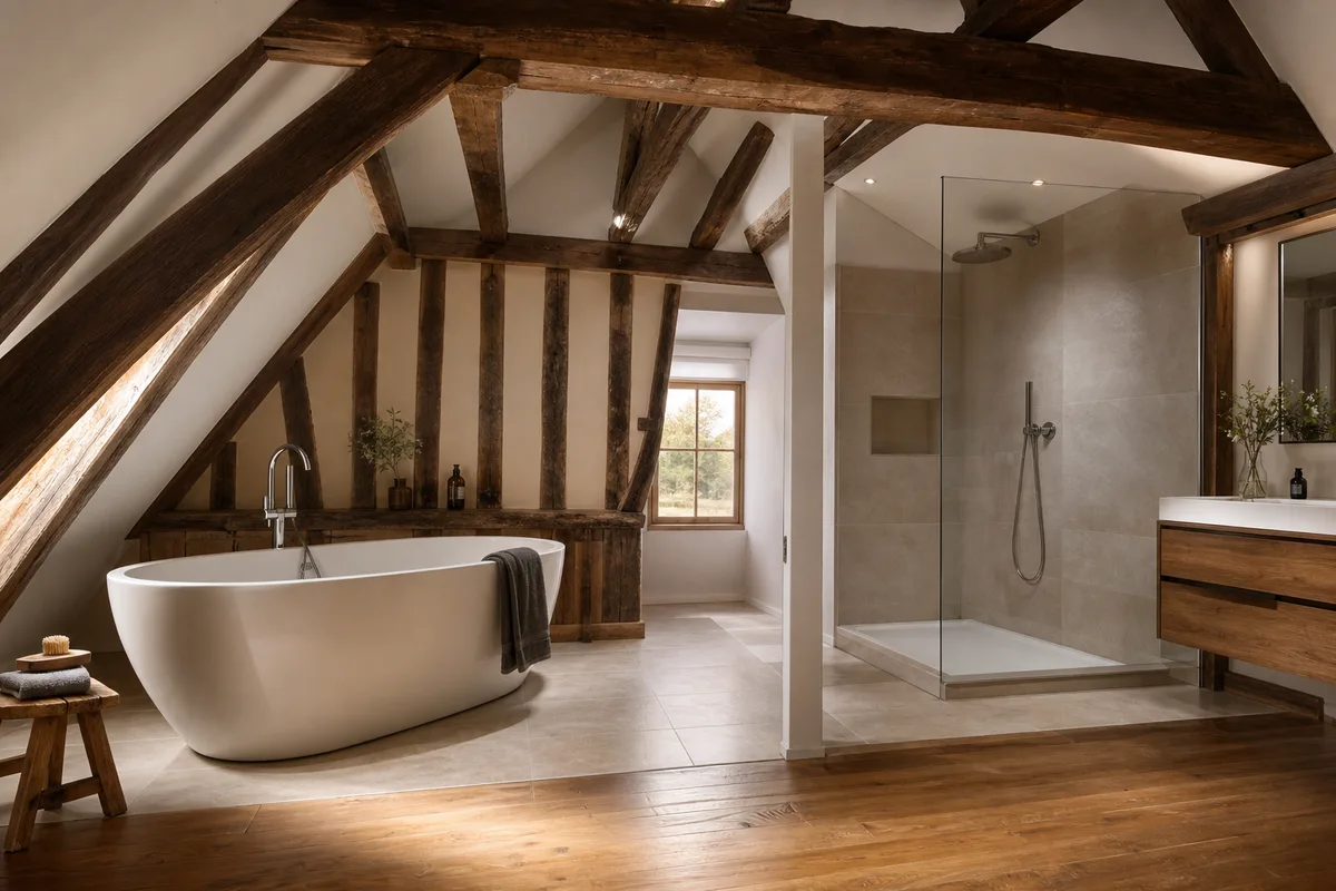 Salle de bain rénovée sous les poutres apparentes d’une maison à colombages de la vallée de la Risle